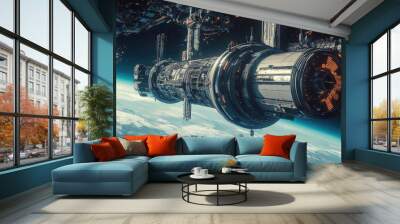 A futuristic space station orbiting Earth, showcasing cutting-edge technology in space exploration. Wall mural