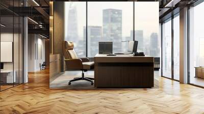 A large office desk with an executive chair in a contemporary workspace featuring clean lines and organized decor. Wall mural