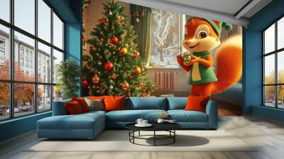 A lively cartoon squirrel in an elf costume, hanging ornaments on a Christmas tree in a cozy living room. Wall mural