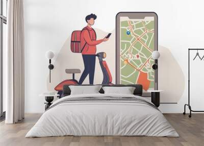 A man ordering food online using his smartphone, with a delivery scooter and a tracking map, representing the convenience of modern delivery services. Wall mural