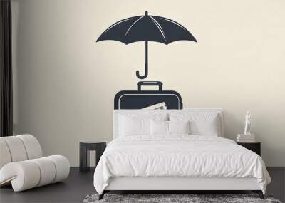 A minimalist monochromatic illustration of an umbrella hovering over a suitcase and plane ticket, symbolizing travel insurance in a sleek, simple design Wall mural