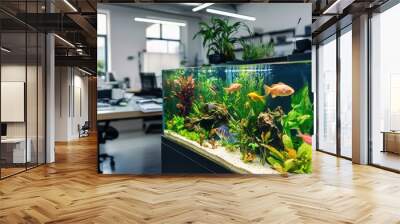 A modern office space with a large, vibrant aquarium filled with colorful fish and lush aquatic plants, providing a calming effect. Wall mural