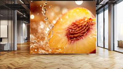 A mouth-watering close-up of a juicy peach slice with its nectar splashing, full of summer vibes. Wall mural