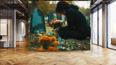 A person kneeling at a gravesite, holding flowers, with visible grief and sorrow. Wall mural