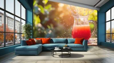 A refreshing pitcher of juice with water splashing on a wooden table, set in an outdoor garden setting. The vibrant nature background complements the lively moment. Wall mural