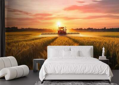 A serene sunset over a wheat field, with a farmer spraying pesticide, the scene blending the beauty of nature with the reality of modern farming techniques Wall mural