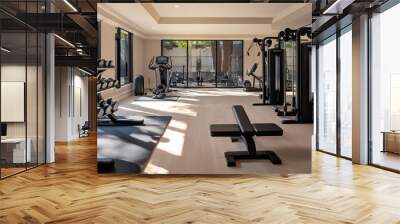 A sleek, modern home gym with state-of-the-art machines and free weights, offering a cutting-edge space for fitness enthusiasts. Wall mural