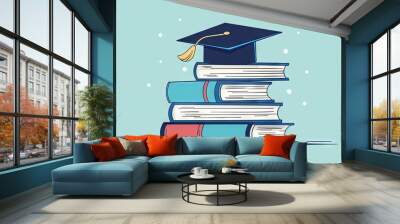 A stack of books illustrated with a graduation cap on top, representing academic success and the journey of learning. Wall mural