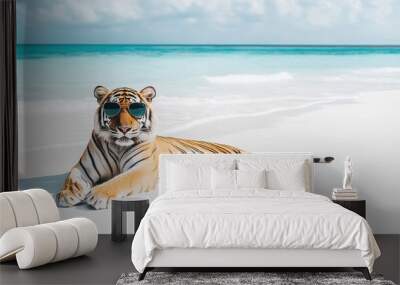 A tiger wearing sunglasses lounges on a sunny beach, its stripes and fur shining in the sunlight. The beach and ocean make for the perfect summer getaway. Wall mural