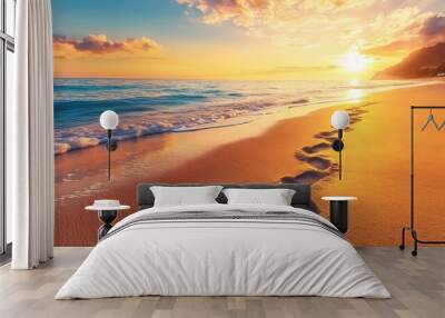 A tropical beach sunset with footprints leading into the water, representing a peaceful summer escape. Copy space on the sand. Wall mural