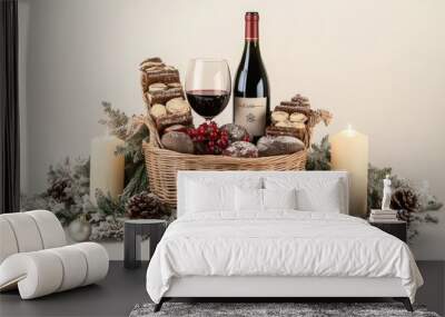 A wicker basket containing wine and Christmas treats, surrounded by holiday decor such as candles and garlands, on a white background. Wall mural