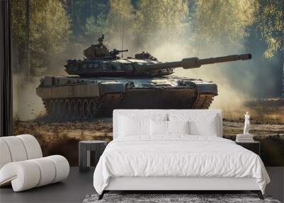 American battle tank on the move, demonstrating its power and military technology in a battlefield setting. Wall mural