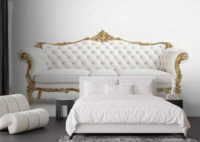 An elegant, tufted vintage sofa with gold accents and ornate detailing on a white backdrop. Wall mural