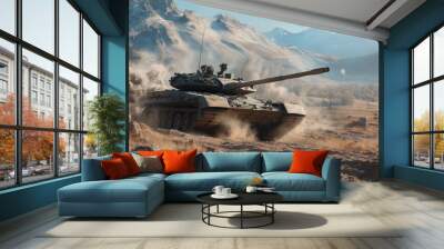 Battle tank driving through rugged terrain, demonstrating its advanced combat technology. Wall mural