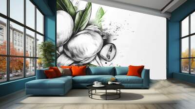 Classic engraved drawing of vegetables and mushrooms, black and white design with pops of green to add a natural, organic feel. Wall mural