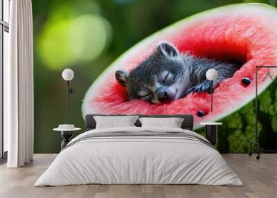 Close-up of an animal sleeping in a cut-open watermelon, with the vibrant red fruit acting as a cozy bed for the creature. Wall mural