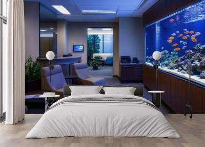 Contemporary office featuring a large aquarium with ambient lighting, colorful fish, and aquatic plants for a relaxing environment. Wall mural