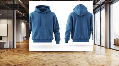 Front and back views of a minimalist blue hoodie sweatshirt, isolated on white, ready for custom logo or print designs. Wall mural