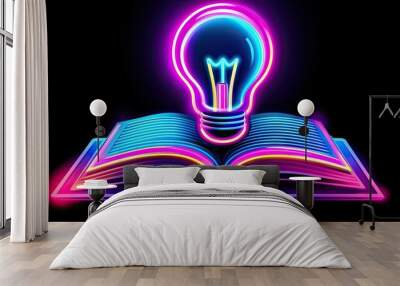 Glowing bulb placed near an open book, symbolizing discovery and the power of knowledge Wall mural