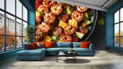 Grilled shrimp skewers, smoky and seasoned, served alongside tropical fruit salads, capturing the taste of summer. Wall mural