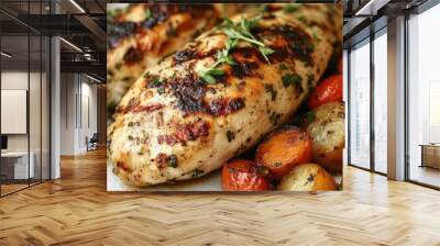 Juicy, grilled chicken breasts, perfectly seasoned, served with roasted vegetables and fresh herbs. Wall mural