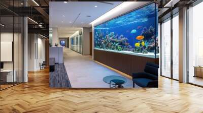 Large aquarium with colorful fish and aquatic plants at the center of a modern office, providing a calming focal point. Wall mural