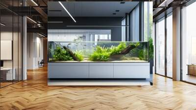 Large aquarium with exotic fish and plants as the centerpiece of a modern, minimalist office space, adding an element of nature. Wall mural