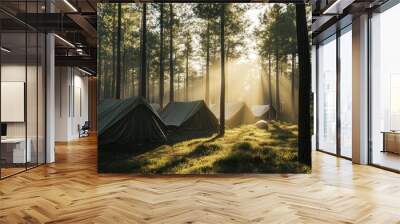 Military tents neatly arranged in a pine forest camp, with sunlight filtering through the trees, creating a serene spring atmosphere. Wall mural