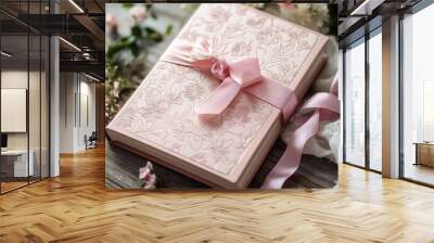 Personalized notebook with a beautifully engraved cover, sitting elegantly in gift-ready packaging with delicate ribbon accents. Wall mural