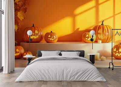 Product display podium in a Halloween setting, surrounded by 3D jack-o-lanterns and soft candlelight, set against a vibrant orange graphic background. Wall mural