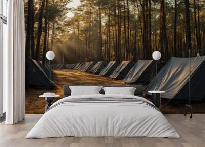 Rows of gray military tents set up in a peaceful pine forest, bathed in warm sunlight on a bright spring day. Wall mural