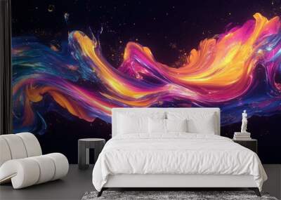 Swirling bright colors in a futuristic, fluid design with bold, contrasting hues against a dark backdrop. Wall mural