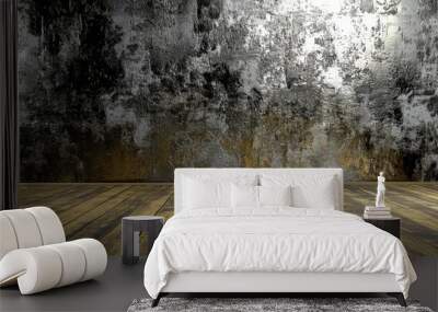 The bare space of an empty room, with a wooden floor and a dark background, creates a calm, moody atmosphere ready for something dramatic. Wall mural