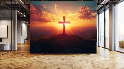 The cross of the Lord illuminated by the setting sun, with rays of light symbolizing the power of faith. Wall mural