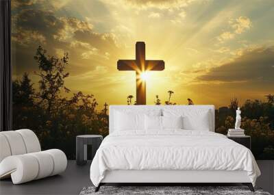 The cross of the Lord standing in the rays of the sun, symbolizing spiritual light and the power of faith. Wall mural