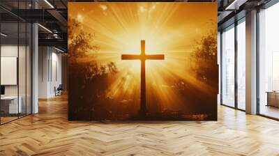 The cross of the Lord surrounded by rays of the sun, creating a powerful symbol of faith and redemption. Wall mural