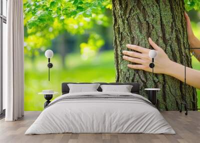 Two hands touching the rough bark of a tree trunk, promoting environmental stewardship and forest care. Wall mural