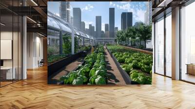 Urban farm with AI-driven crop management and robotic harvesting systems, demonstrating high-tech sustainability solutions in the city. Wall mural