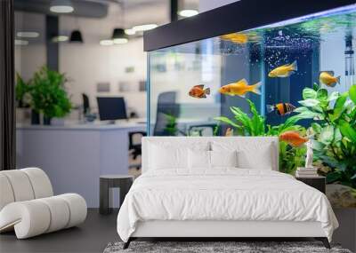 Vibrant fish swim in a large aquarium in a modern office, surrounded by aquatic plants and calming lighting for a peaceful workspace. Wall mural