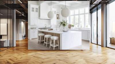 White kitchen with a white marble island, white stools, and white hanging lights. Wall mural