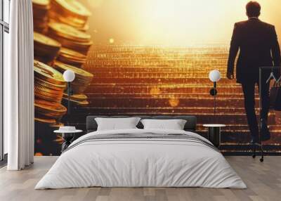 Businessman climbing stairs surrounded by stacks of coins, symbolizing financial success and growth. Wall mural