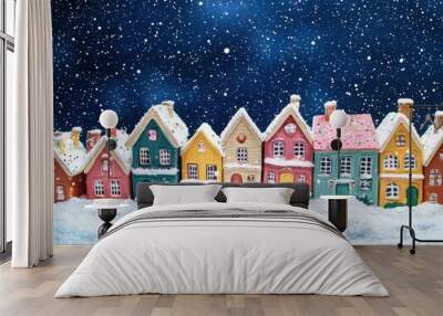 Charming row of colorful snowy houses under a starlit night sky, capturing the festive winter atmosphere and cozy holiday spirit. Wall mural