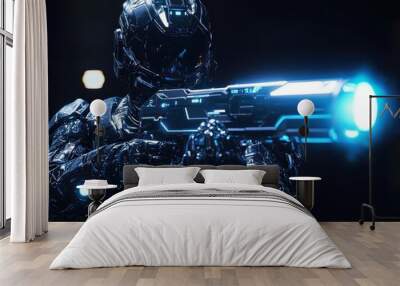 Futuristic warrior in advanced armor, holding a high-tech glowing weapon, ready for an intergalactic battle scene in a dark setting. Wall mural