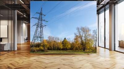 Power lines, insulators and wires. high voltage pylons against the blue sky and sunlight. High voltage tower or high voltage tower. Green energy concept, Power plant, Close up of high voltage Wall mural