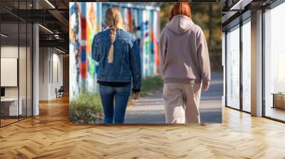 Two women walking down a path, one wearing a blue jacket Wall mural