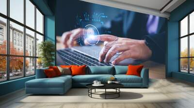 Cybersecurity and privacy concepts to protect data. Lock icon and internet network security technology. Businessman protecting personal data on internet, virtual screen interfaces. cyber security. Wall mural