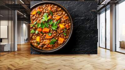 A close-up of a lentil and vegetable stew featuring carrots and squash, topped with fresh parsley in a ceramic bowl. The dish is placed on a dark textured surface for contrast. Wall mural