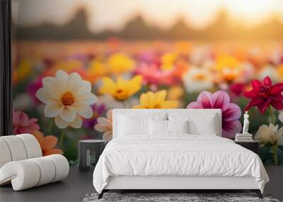 A colorful field of blooming flowers with various vibrant petals, illuminated by soft sunlight, creating a serene and picturesque landscape. Wall mural