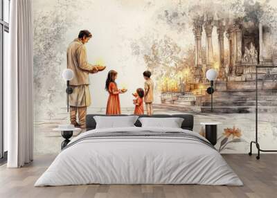 A family of four, including young children, offering oil lamps during a ritual ceremony at an ancient temple, reflecting devotion and cultural heritage. Wall mural