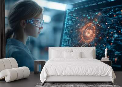 A female scientist wearing augmented reality glasses interacts with a futuristic data interface in a high-tech laboratory, focusing on advanced data analysis and technology research. Wall mural